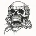 a skull with fangs wraped in barb wire tattoo design idea