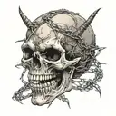 a skull with fangs wraped in barb wire tattoo design idea