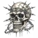 a skull with fangs wraped in barb wire tattoo design idea