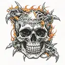 skull with fangs wrapped in barb wire and  flames in the background  tattoo design idea