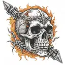 skull with fangs wrapped in barb wire and  flames in the background  tattoo design idea