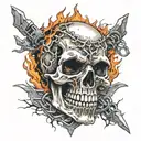 skull with fangs wrapped in barb wire and  flames in the background  tattoo design idea