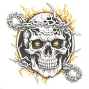 skull with fangs wrapped in barb wire and  flames in the background  tattoo design idea