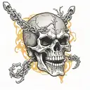 skull with fangs wrapped in barb wire flames in the background  tattoo design idea