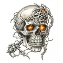 skull with fangs wrapped in barb wire flames in the background  tattoo design idea