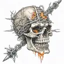 skull with fangs wrapped in barb wire flames in the background  tattoo design idea