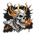 skull with fangs wrapped in barb wire and  flames in the background  tattoo design idea