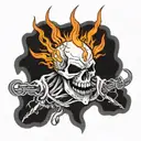 skull with fangs wrapped in barb wire and  flames in the background  tattoo design idea