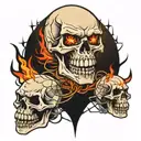 skull with fangs wrapped in barb wire and  flames in the background  tattoo design idea