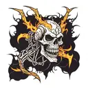 skull with fangs wrapped in barb wire and  flames in the background  tattoo design idea