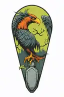 a phoenix sitting on a grave stone in a graveyard filled tattoo design idea