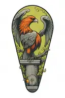 a phoenix sitting on a grave stone in a graveyard filled tattoo design idea