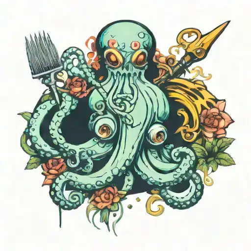 octopus holding paint brush, bike parts, tools, sewing needle, whisk, flowers tattoo design idea