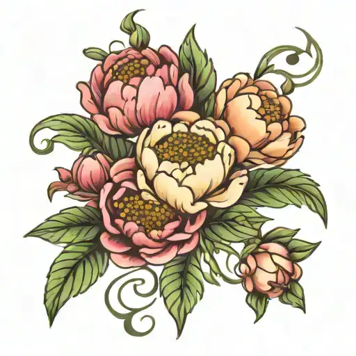 peonies vines leaves diamonds flowers and korus  tattoo design idea