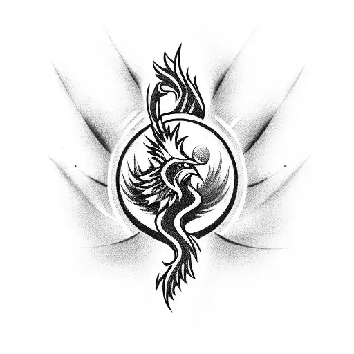 A dynamic volleyball player spiking the ball with a phoenix rising from the flames in the background tattoo design idea