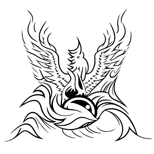 A dynamic volleyball player spiking the ball with a phoenix rising from the flames in the background tattoo design idea