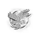 A dynamic volleyball player spiking the ball with a phoenix rising from the flames in the background tattoo design idea