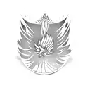 A dynamic volleyball player spiking the ball with a phoenix rising from the flames in the background tattoo design idea