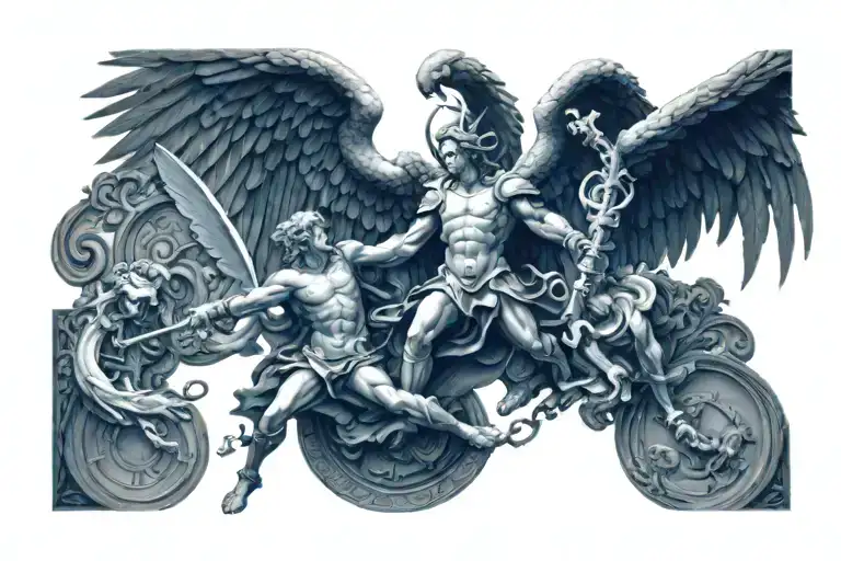 Archangel Michael defeats the devil playing tattoo design idea