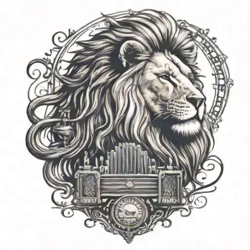 A realism tattoo design of a majestic lion with a harmonium incorporated into its mane, symbolizing strength and passion for music, with subtle Sikh symbols integrated into the background tattoo design idea
