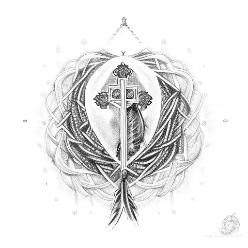 A feather intertwined with a rosary, forming the shape of a cross tattoo design idea
