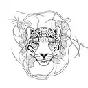 A minimalist outline of a resting jaguar intertwined with elegant floral vines tattoo design idea