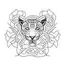 A minimalist outline of a resting jaguar intertwined with elegant floral vines tattoo design idea