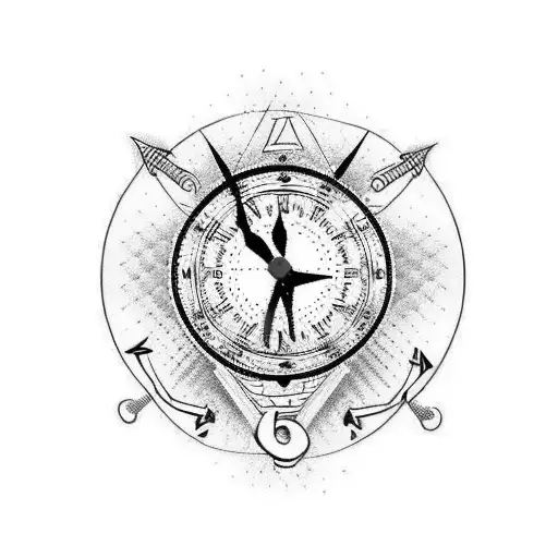 Trash polka style tattoo with a clock and compass  tattoo design idea