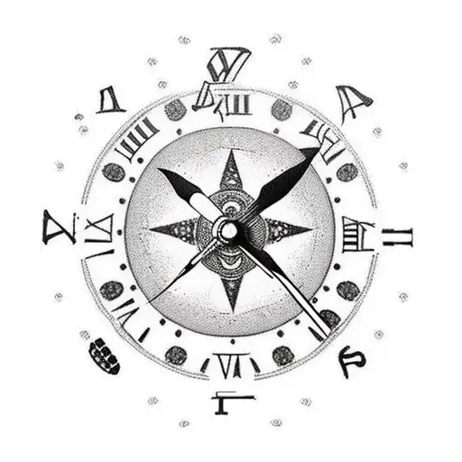 Trash polka style tattoo with a clock and compass  tattoo design idea