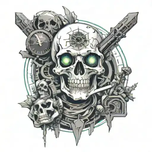 a skull smoking a cigarette, that rises from the ground with a clock and a scythe, near a tombstone with NO REST tattoo design idea