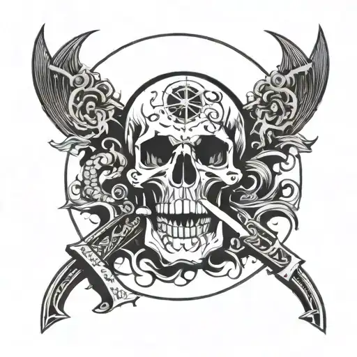 a skull smoking a cigarette, that rises from the ground with a clock and a scythe, near a tombstone with NO REST tattoo design idea