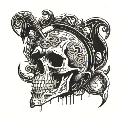 tombstone with NO REST written underneath, a skull smoking a cigarette, his hands that hold a scythe and a clock  tattoo design idea
