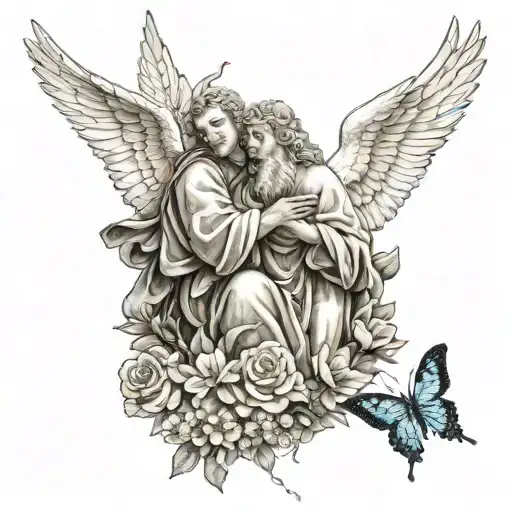 white doves flying, butterflies flying, white weathers, organ donation, tribute to brother, cherub praying with rosary tattoo design idea