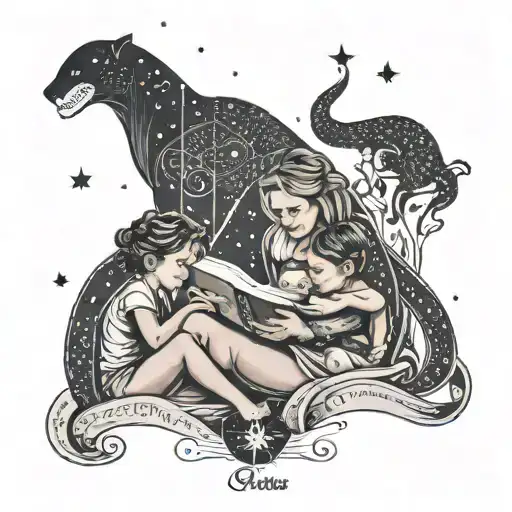 A stylized tattoo of a mother reading to her children under a starry night sky, with Leo, Dante, and Penelope's names written in constellations tattoo design idea