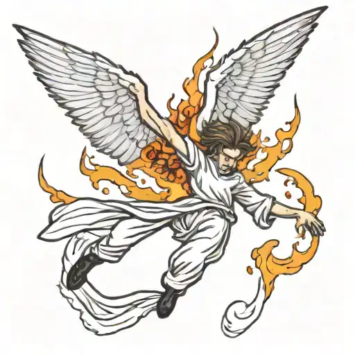 falling angel falling with burning wings spread wide tattoo design idea