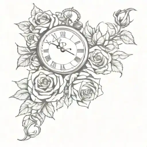 clock with roses tattoo design idea