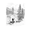 appalachia mountain sleeve with waterfalls and people fishing tattoo design idea