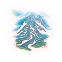 Blue ridge mountain sleeve with waterfalls and people fishing tattoo design idea