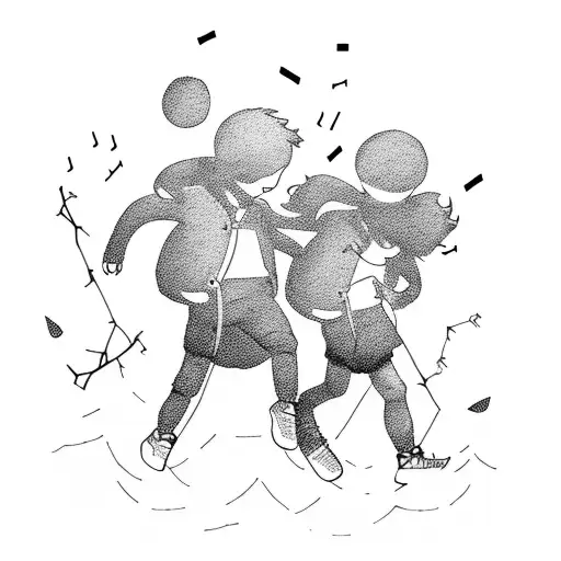 A band tattoo of twin girl and boy silhouettes hiking up a mountain, with music notes floating in the air tattoo design idea