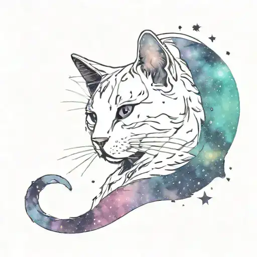 A minimalist tattoo of a cat silhouette with a galaxy background, representing the client's love for cats and space tattoo design idea