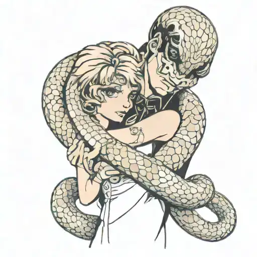 snake person hugging girl in lolita fashion  tattoo design idea