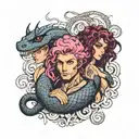 muscular black snake boy and girl with curly mauve hair tattoo design idea