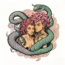 muscular black snake boy and girl with curly mauve hair tattoo design idea