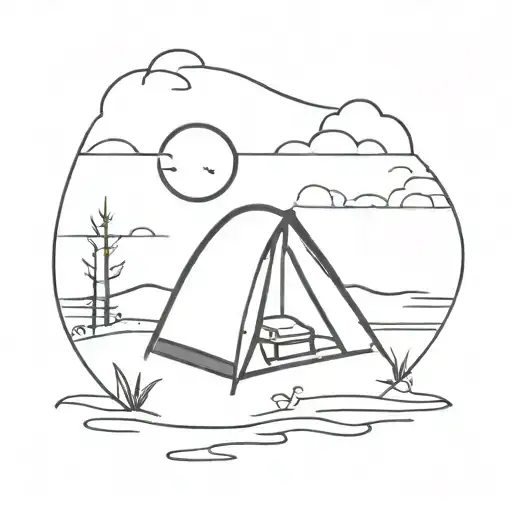 A minimalist tattoo of a beach scene at sunset, with a small tent and campfire, representing your love for traveling and camping tattoo design idea