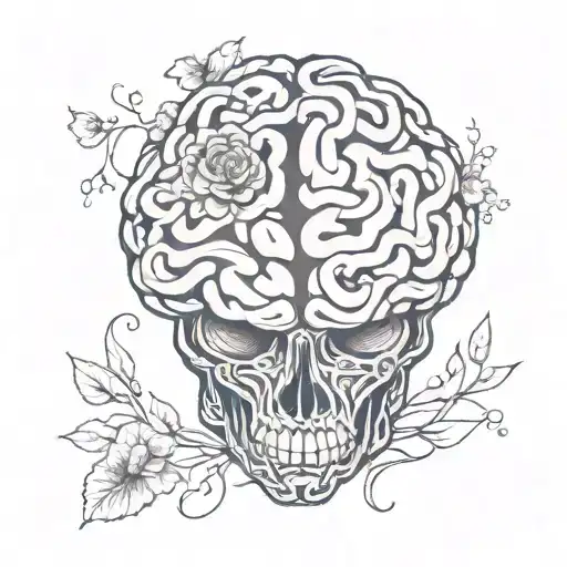 An intricate design of a brain with tangled vines and flowers, symbolizing the complexity of overthinking tattoo design idea