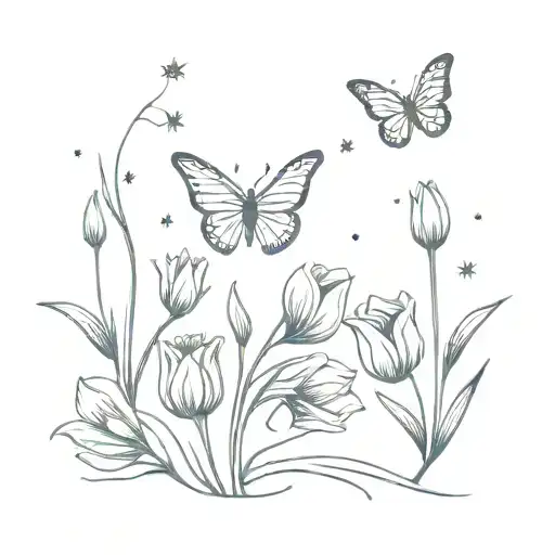 butterfly, vine, tulips, stars  tattoo design idea