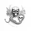 snake with calypso and copper tones with some red and blue flowers some skulls ans crows tattoo design idea