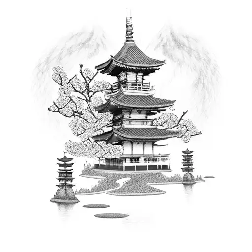 A dotwork tattoo of a Japanese garden, with cherry blossoms, a pagoda, samurai, dragon tattoo design idea