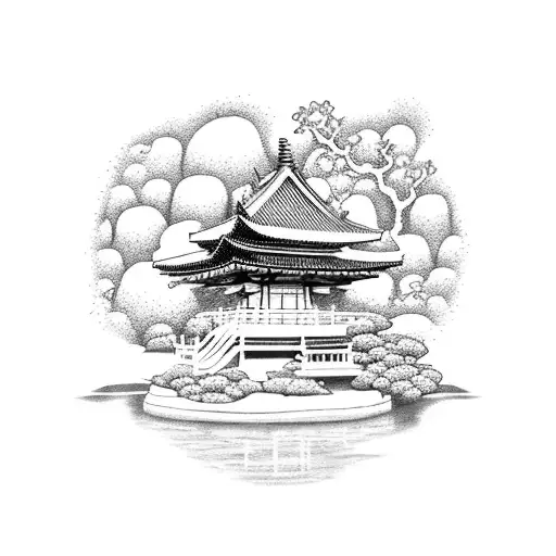 A dotwork tattoo of a Japanese garden, with cherry blossoms, a pagoda, and a koi pond tattoo design idea