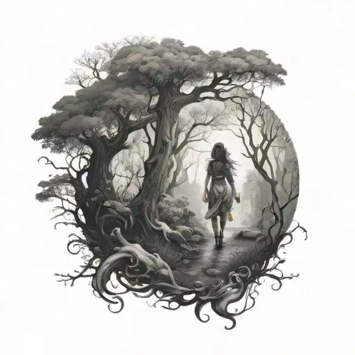 Magical forest scene with a dreamy girl wandering through tattoo design idea
